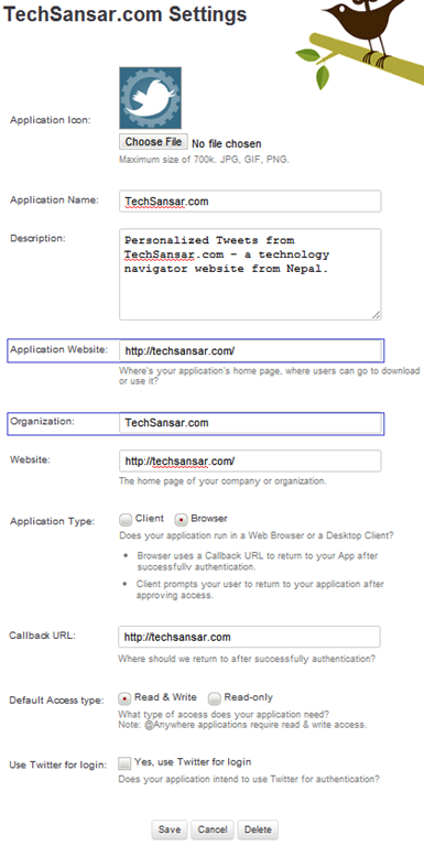 Creating your own personalized Twitter Apps for your WordPress site, give attention to the Application Website and Organization field